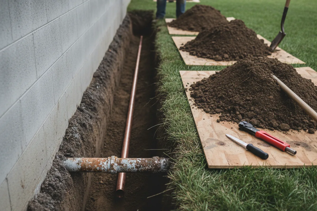 Excavated water line trench during Water Heater Repair in Huntsville